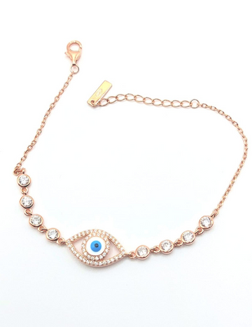 Dazzling Evil Eye Bracelet, Rose Gold Plated 925 Silver with Shiny Stones – elegant and protective, available for shipping to US & Canada.
