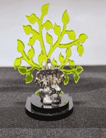 Kalpavriksha Tree Silver Ganesha with green tree design, handcrafted in pure silver, perfect for home decor and spiritual gifting. Ships to US & Canada in 2-4 days.