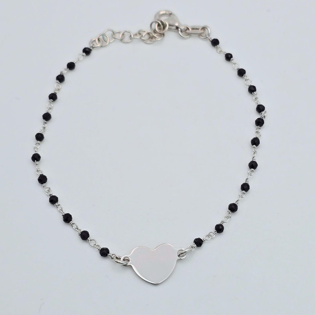 925 silver black bead heart bracelet, sterling silver dainty black onyx style beaded chain, hypoallergenic heart charm bracelet for women, minimalist romantic jewelry Canada USA