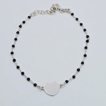 925 silver black bead heart bracelet, sterling silver dainty black onyx style beaded chain, hypoallergenic heart charm bracelet for women, minimalist romantic jewelry Canada USA