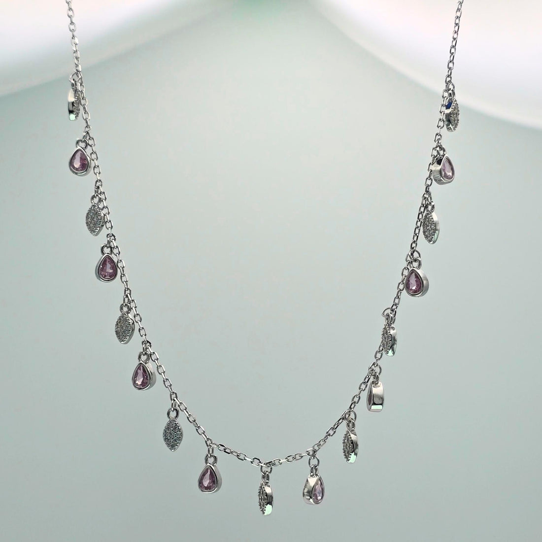 925 silver pink and white leaf fringe choker real silver multi-drop charm necklace for women