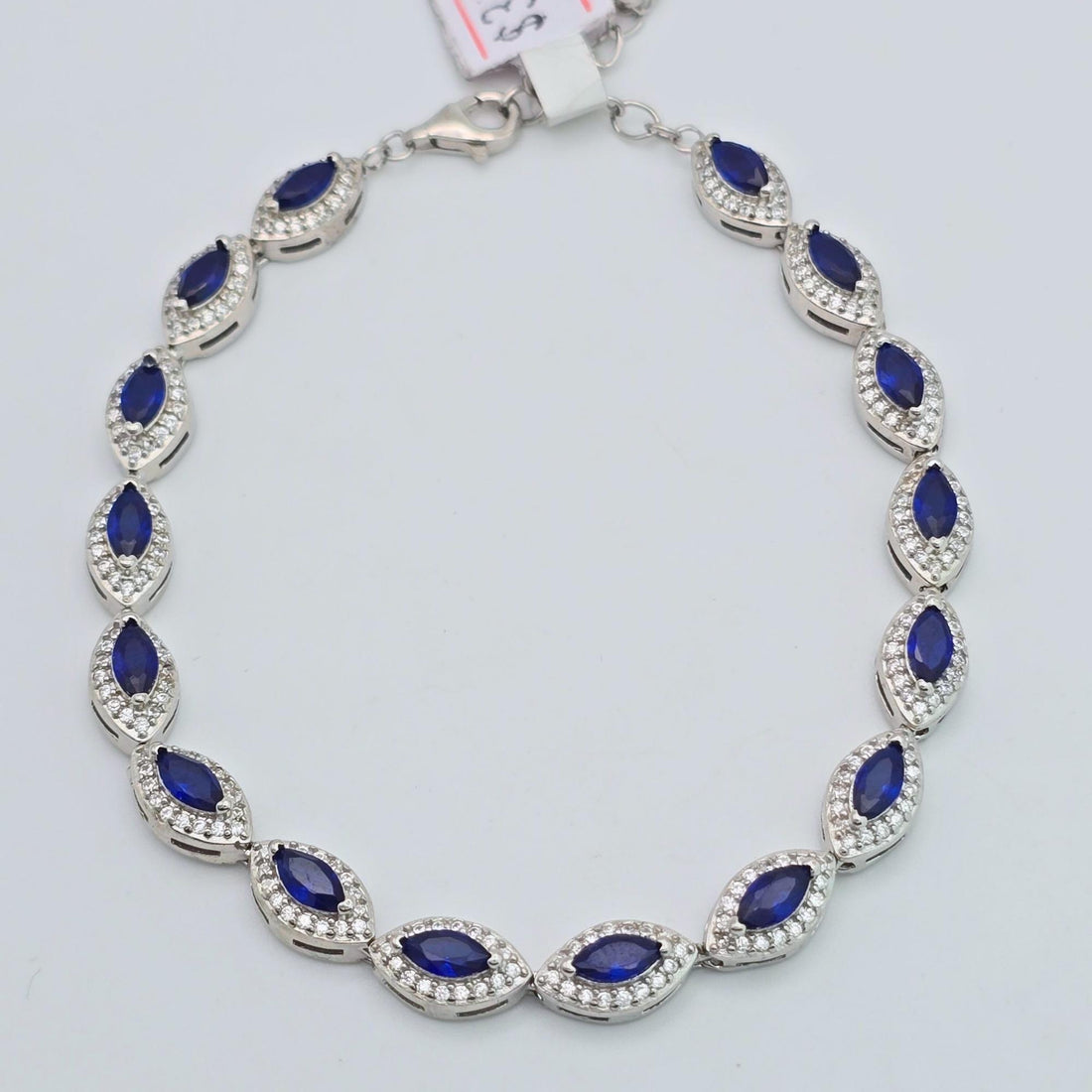 925 silver blue sapphire marquise bracelet, sterling silver royal blue crystal halo link bracelet for women, sparkling cubic zirconia bridal jewelry, elegant formal evening bracelet Canada USA