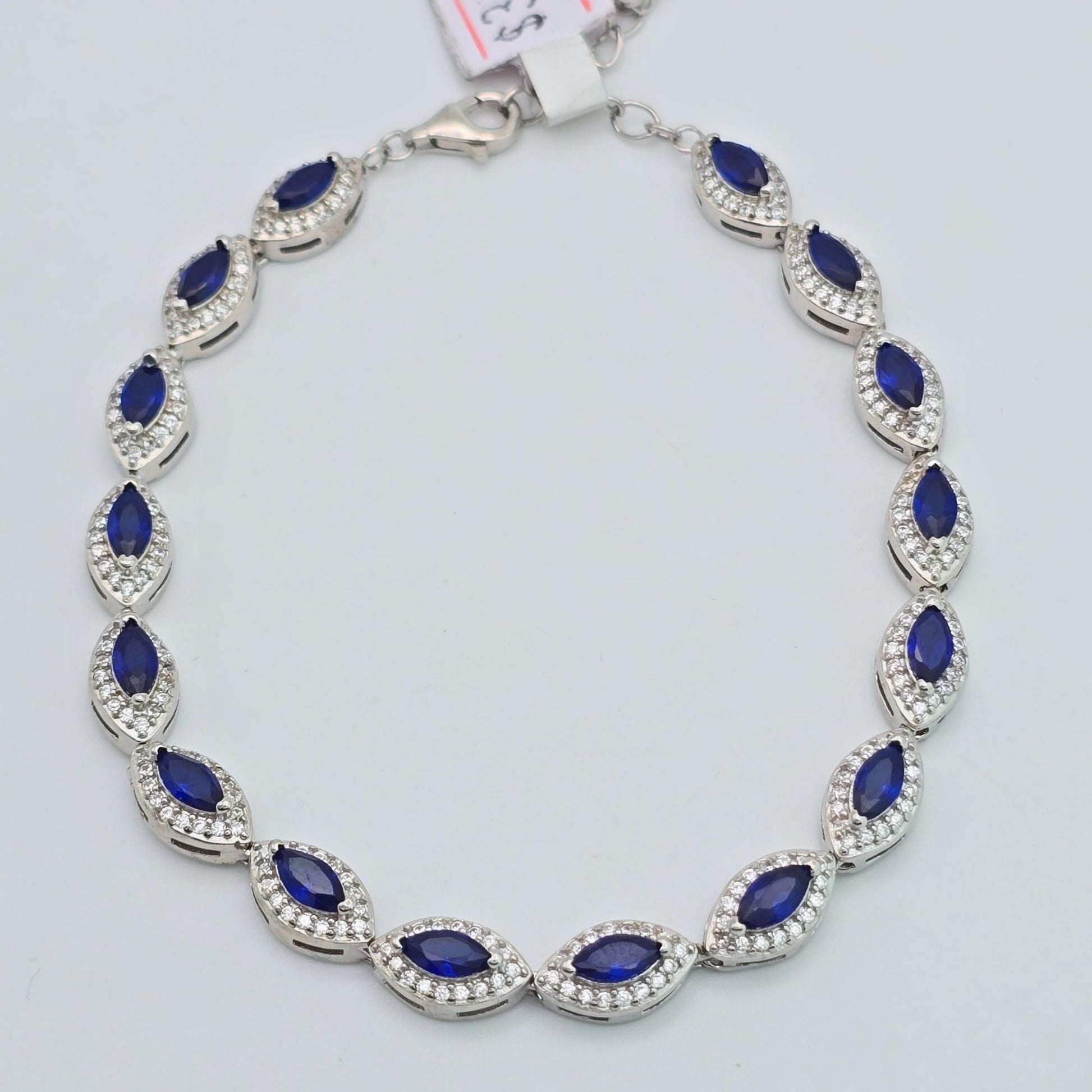 925 silver blue sapphire marquise bracelet, sterling silver royal blue crystal halo link bracelet for women, sparkling cubic zirconia bridal jewelry, elegant formal evening bracelet Canada USA