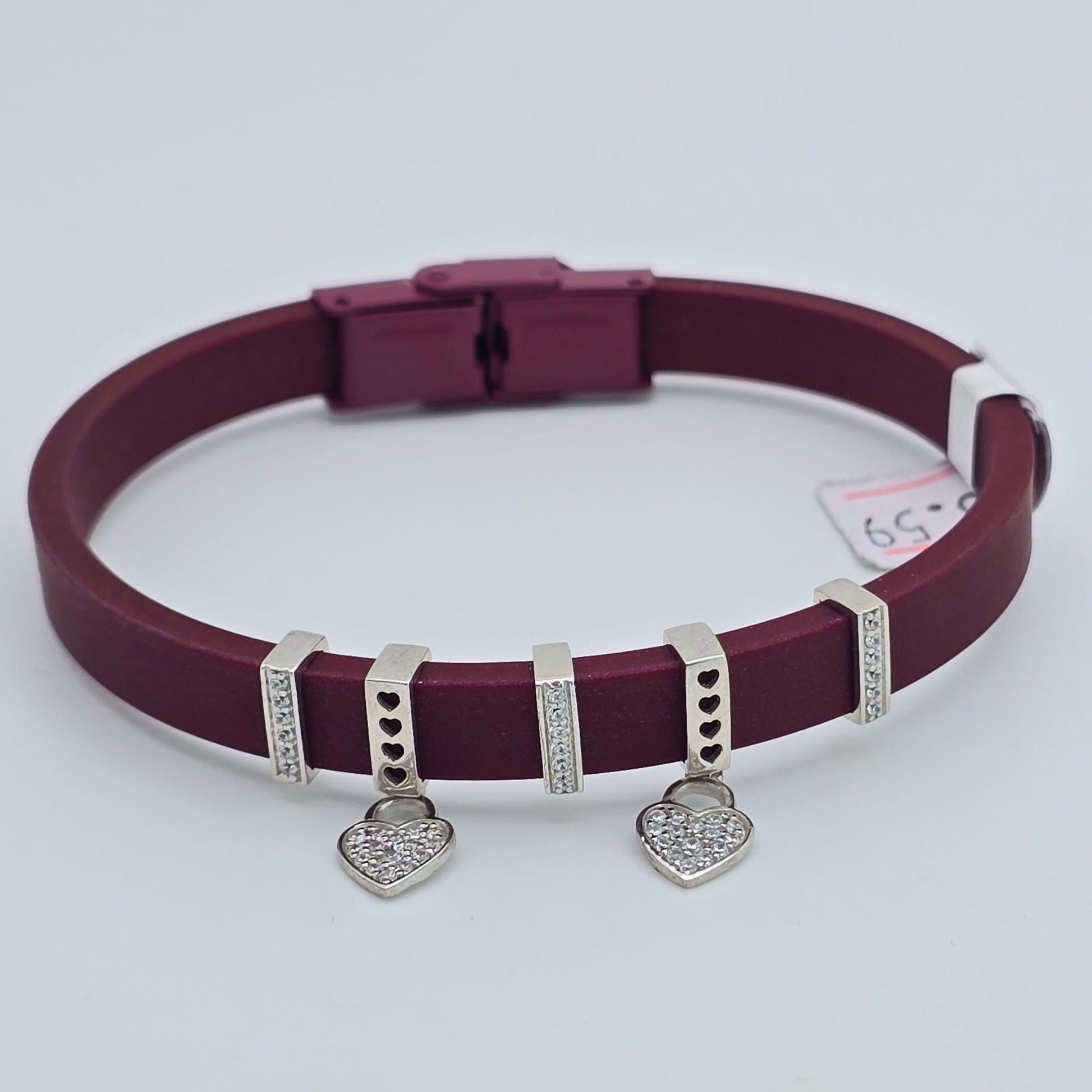 925 silver mauve leather heart charm bracelet, sterling silver pavé crystal heart dangles on purple leather strap, hypoallergenic modern cuff jewelry for women, durable stylish wrist accessory Canada USA