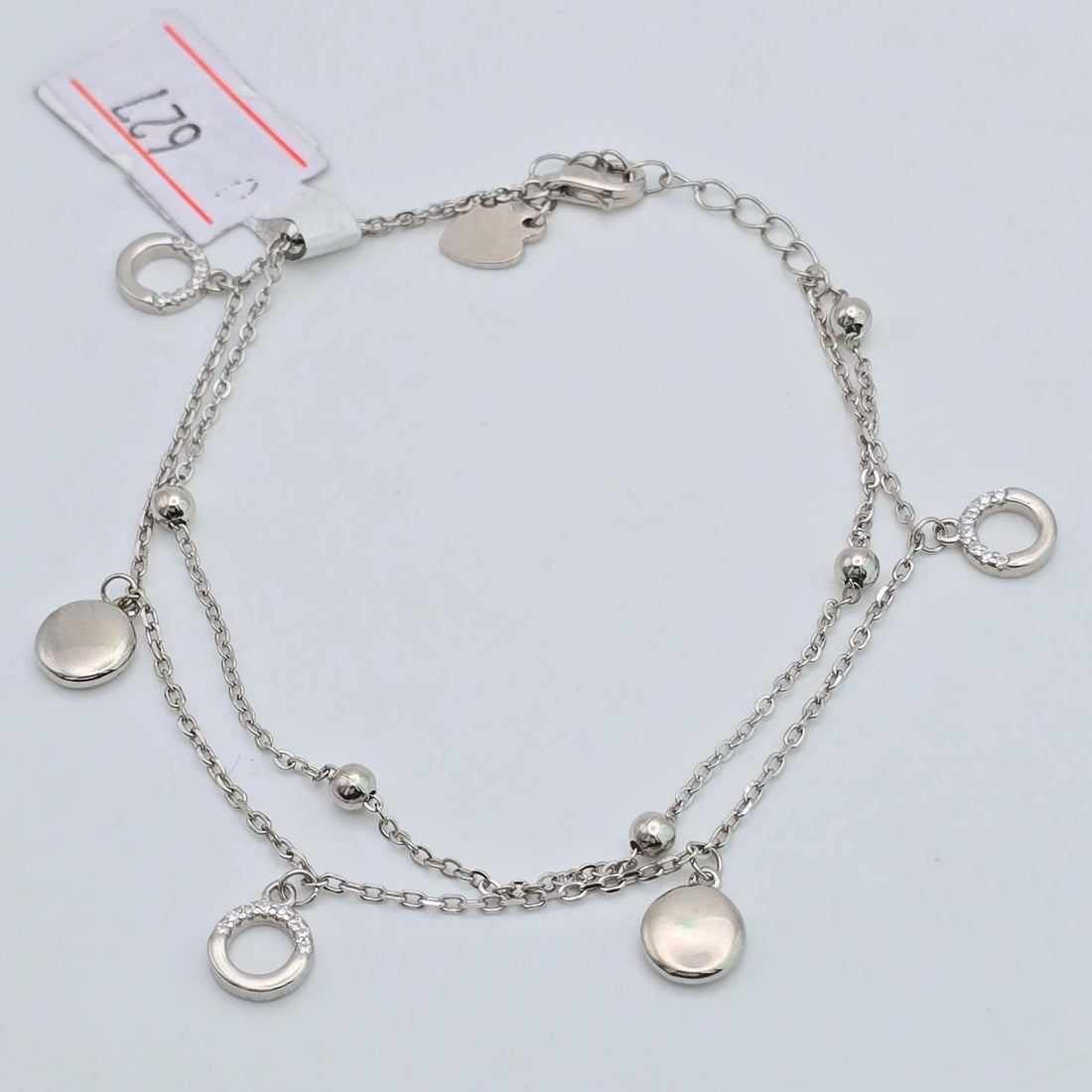 925 silver double layered station charm bracelet, sterling silver multi strand bracelet with disc and halo charms, hypoallergenic dainty silver jewelry for women, elegant layered wrist accessory Canada USA
