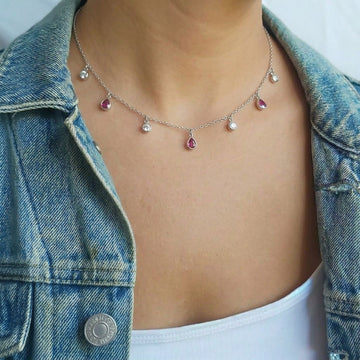 925 Silver Ruby & CZ Drop Dainty Necklace-1196-3-8