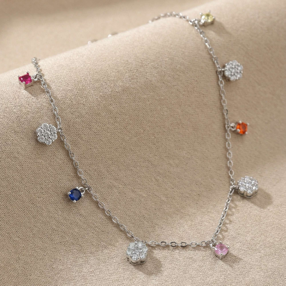 925 Silver Multicolor Gemstone Charm Anklet - Rainbow Station Jewelry 1pc 299-31000