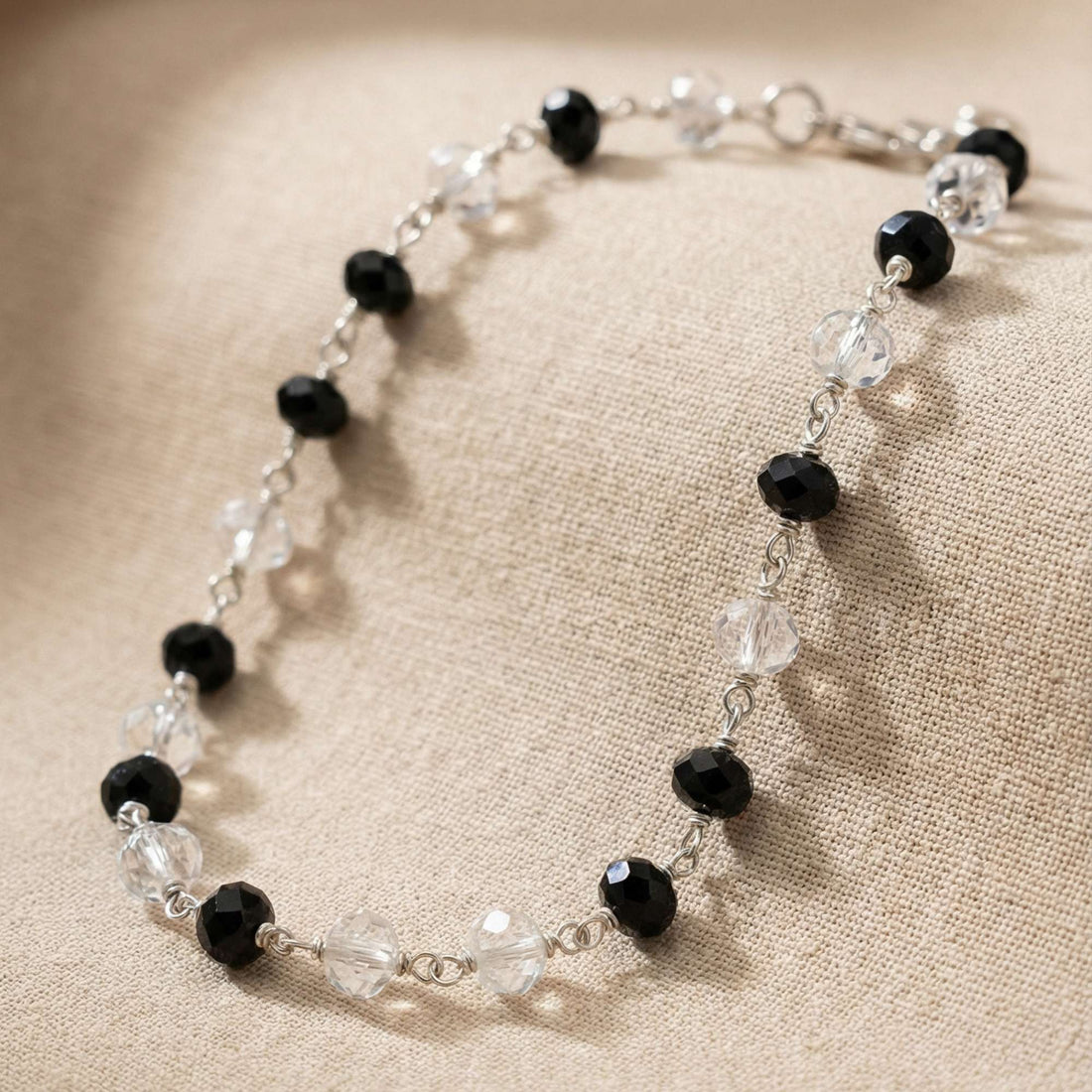 925 Silver Black & Clear Crystal Beaded Anklet - Elegant Station Foot Jewelry 583-80000