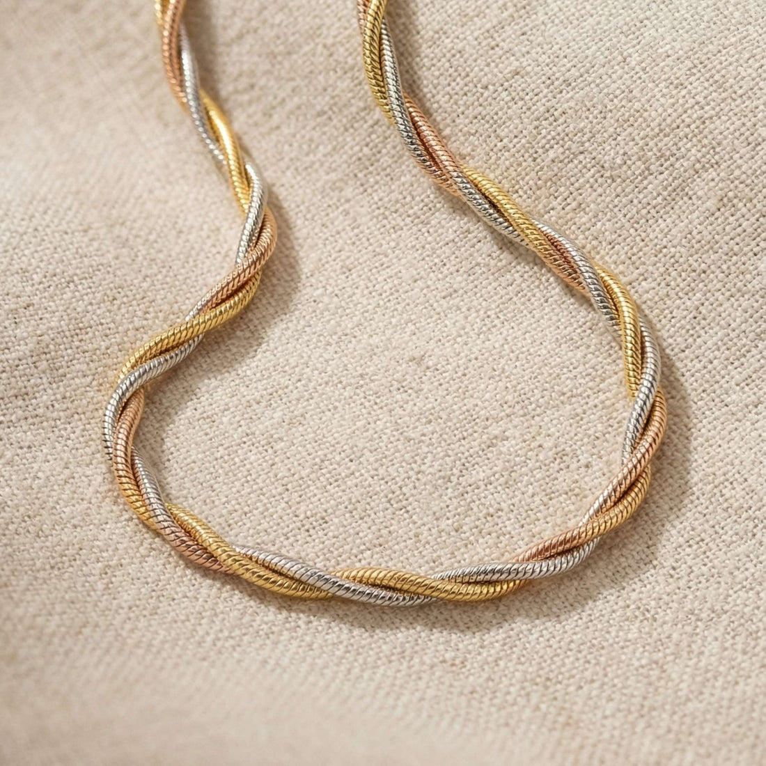 925 Silver Tri-Tone Rose Gold & Gold Braided Anklet - Interwoven Wheat Chain 1pc 313-47000