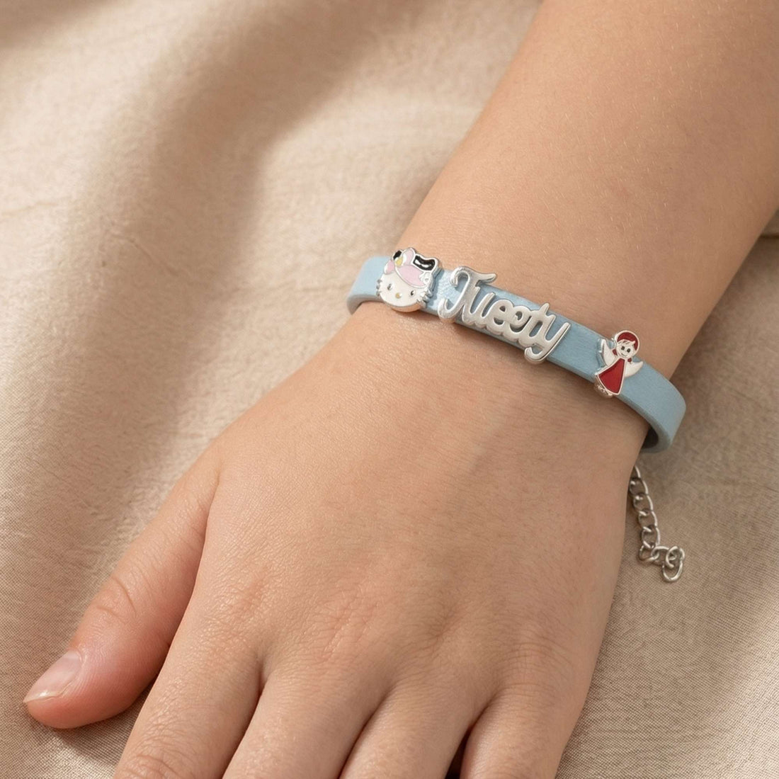 silver Customized Kids Light Blue Leather Bracelet - Cartoon Charms Baby 502-52000