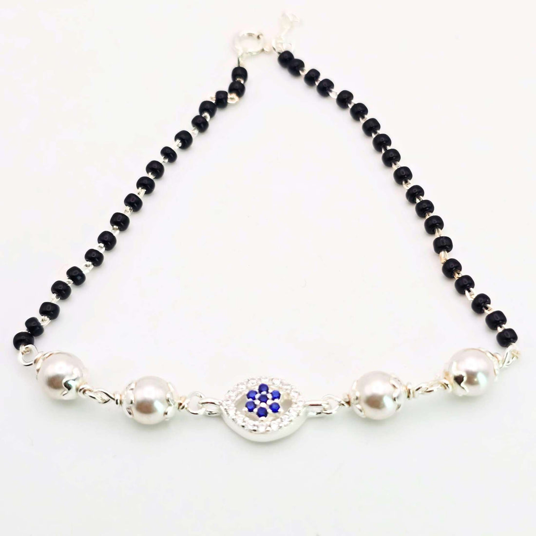 silver Pure Silver Black Bead Blue Floral Bracelet - Luxury Sapphire-Style Nazariya 969- 4600
