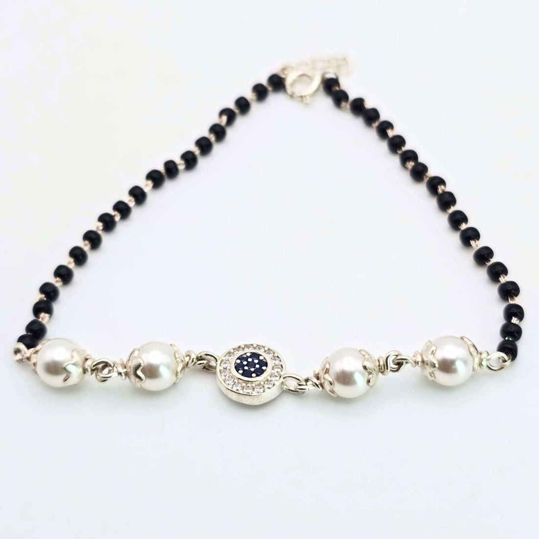 silver 925 Sterling Silver Black Bead Protection Bracelet - Minimalist Nazariya 966- 4600