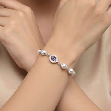 silver Pure Silver Black Bead Blue Floral Bracelet - Luxury Sapphire-Style Nazariya 969- 4600