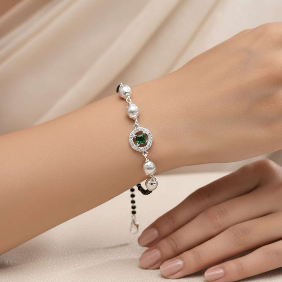 silver Pure Silver Emerald-Style Black Bead Bracelet - Luxury Nazariya Protection 968- 4600