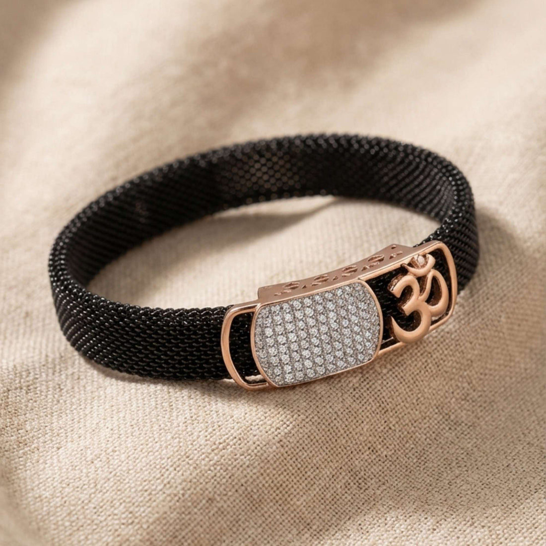 925 Sterling Silver Black Mesh Om Bracelet - Rose Gold CZ Spiritual Jewelry 571-182000