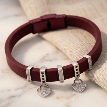 925 Silver Mauve Leather Heart Charm Bracelet - Pavé Crystal Dangles 680-00000
