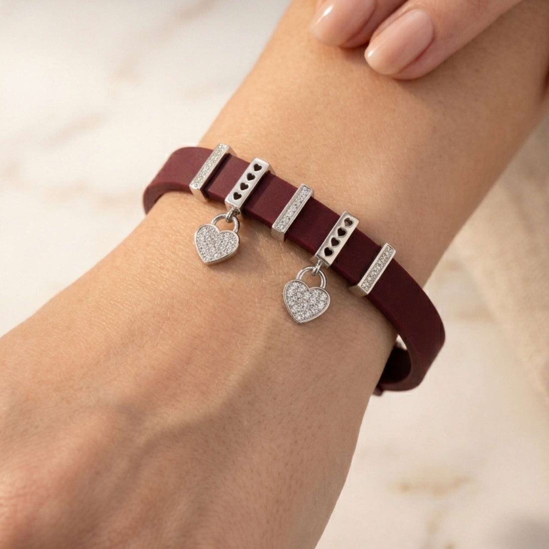 925 Silver Mauve Leather Heart Charm Bracelet - Pavé Crystal Dangles 680-00000