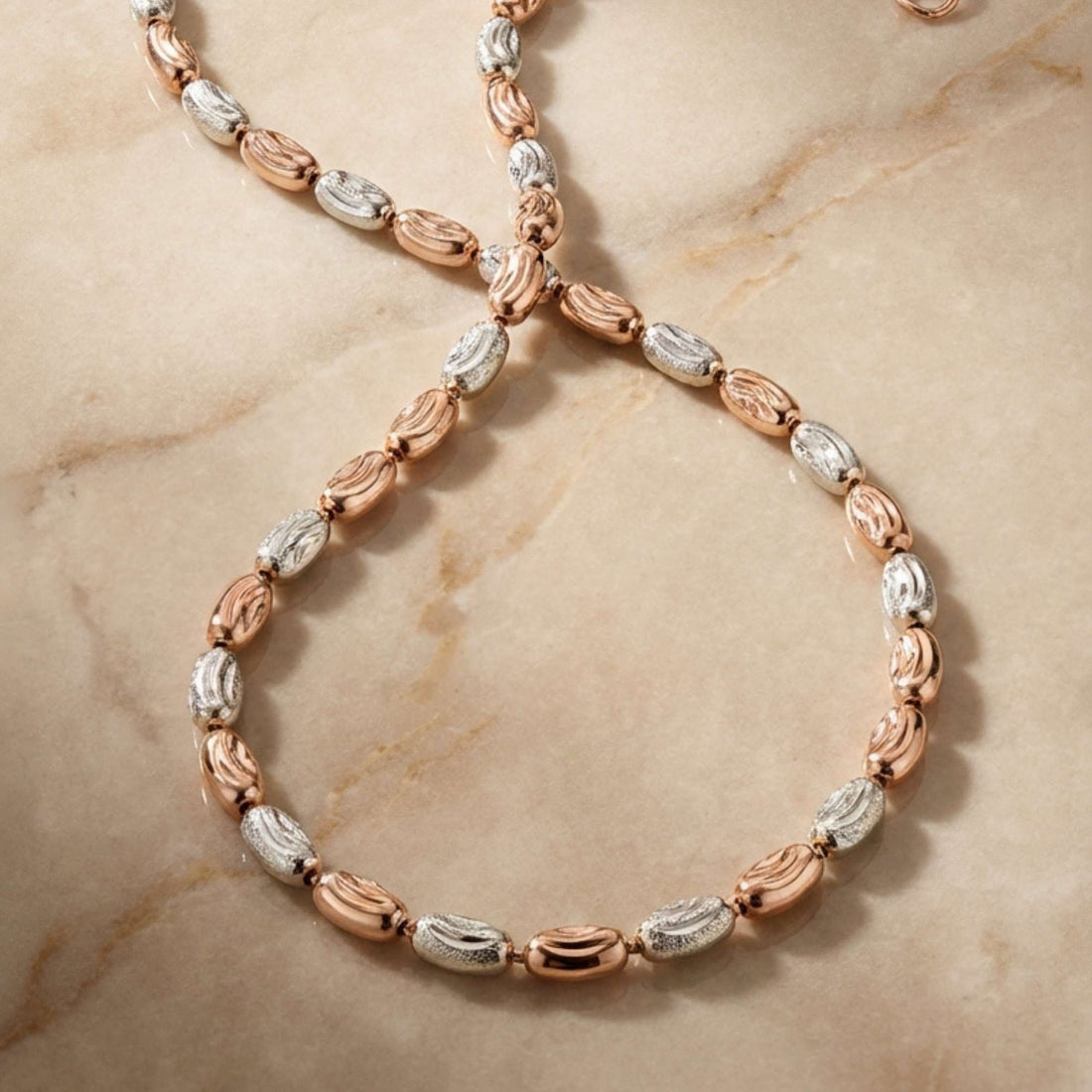 925 Silver Two-Tone Textured Marquise Link Anklet - Rose Gold & Silver 1pc 327-35000
