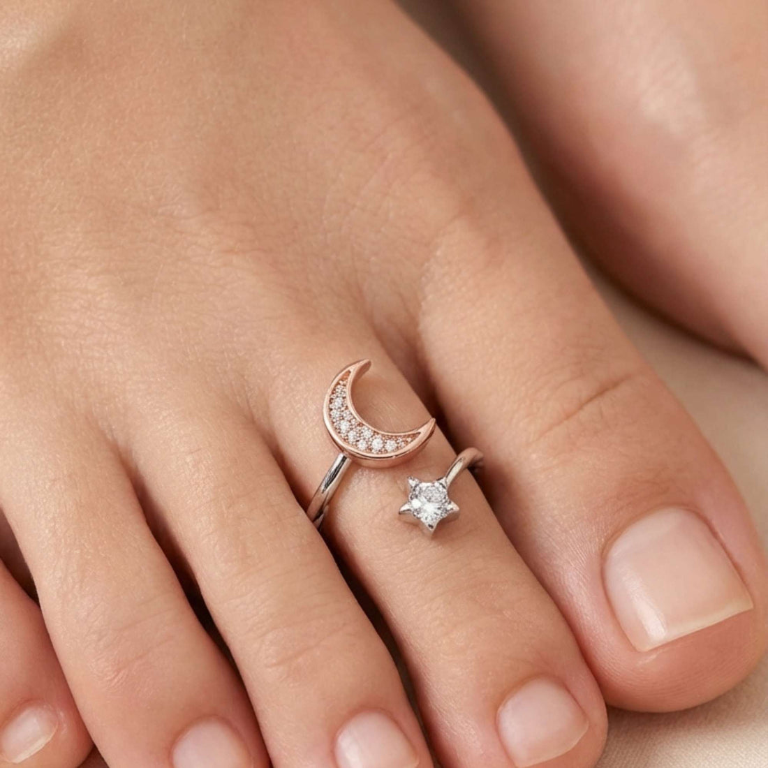 925 Silver Moon and Star Adjustable Multi-Purpose Ring 1 Piece - Celestial Cubic Zirconia Jewelry 933-114000