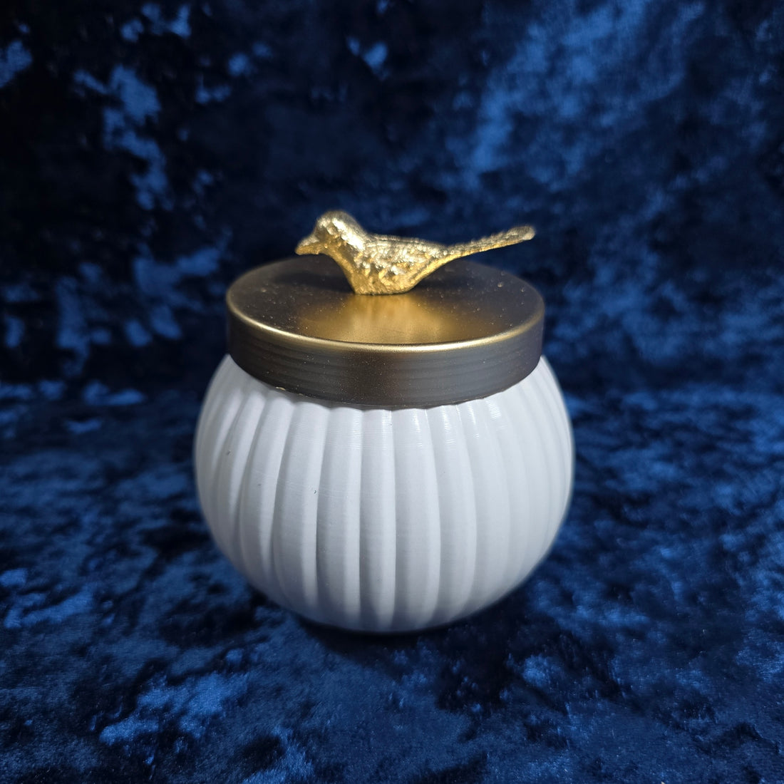 White Ribbed Container with Gold Bird Lid