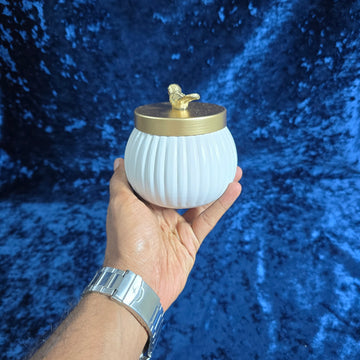 White Ribbed Container with Gold Bird Lid