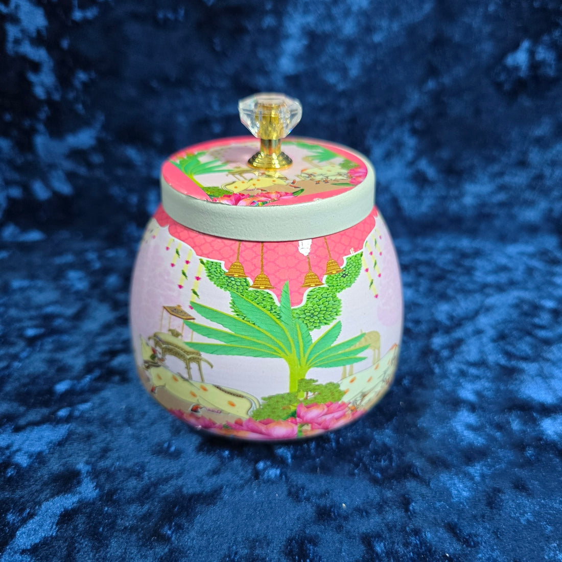 Traditional Art Printed Storage Jar with Crystal Knob Lid
