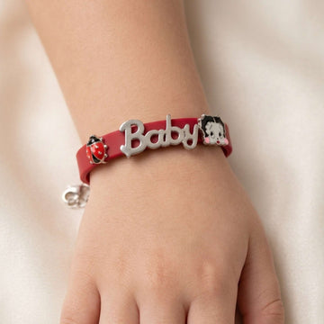 925 Sterling Silver Kids Red Rubber Bracelet - "Baby" Nameplate & Ladybug Charms Baby 501-58000