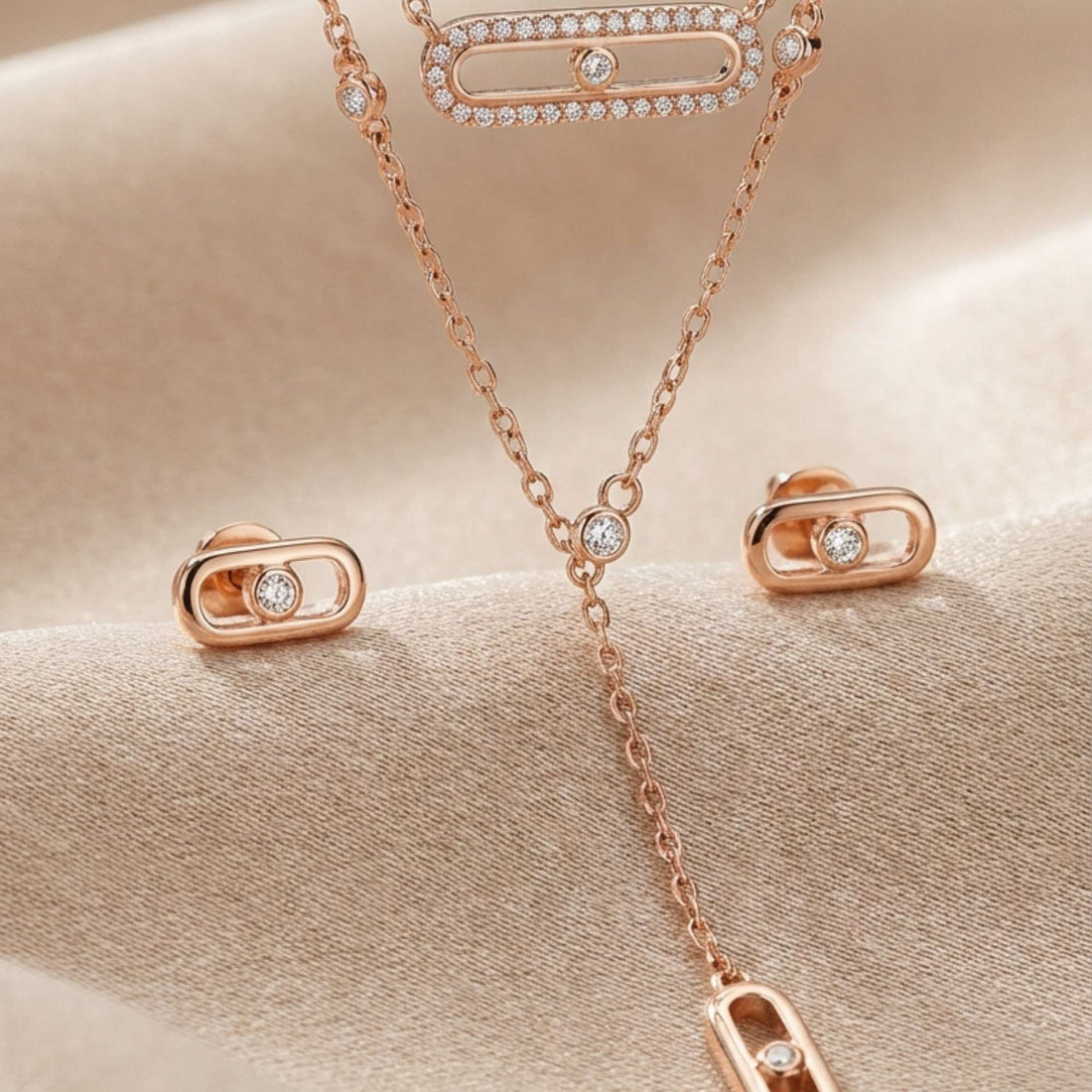 925 Silver Rose Gold Layered Necklace and Earring Set - Real Silver Jewelry- 402-59000
