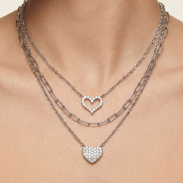 925 silver Triple Layered Heart Pendant Necklace - Real Silver Multi-Strand Jewelry 367-61000