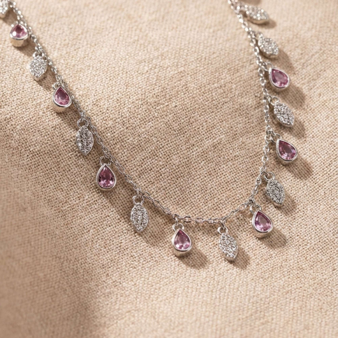 925 silver Pink & White Leaf Fringe Choker - Real Silver Multi-Drop Charm Necklace 363-52000