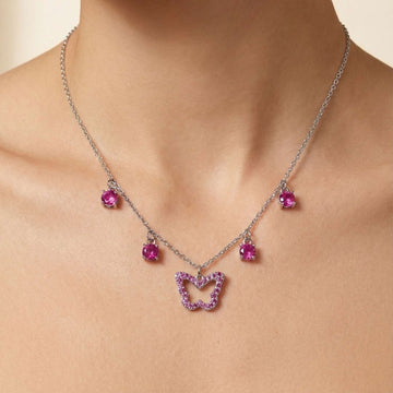 925 silver Pink Butterfly Crystal Choker - Real Silver Fringe Charm Necklace 272-32000