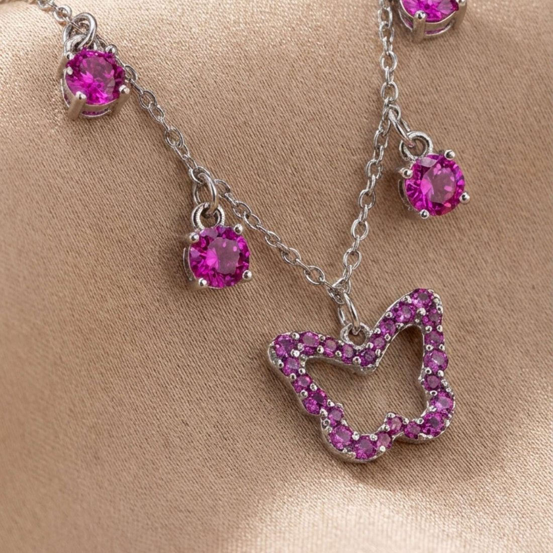 925 silver Pink Butterfly Crystal Choker - Real Silver Fringe Charm Necklace 272-32000