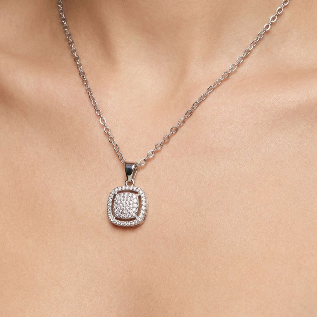 925 Silver Square Halo Pendant Necklace - Real Silver Jewelry 255-38000