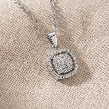 925 Silver Square Halo Pendant Necklace - Real Silver Jewelry 255-38000