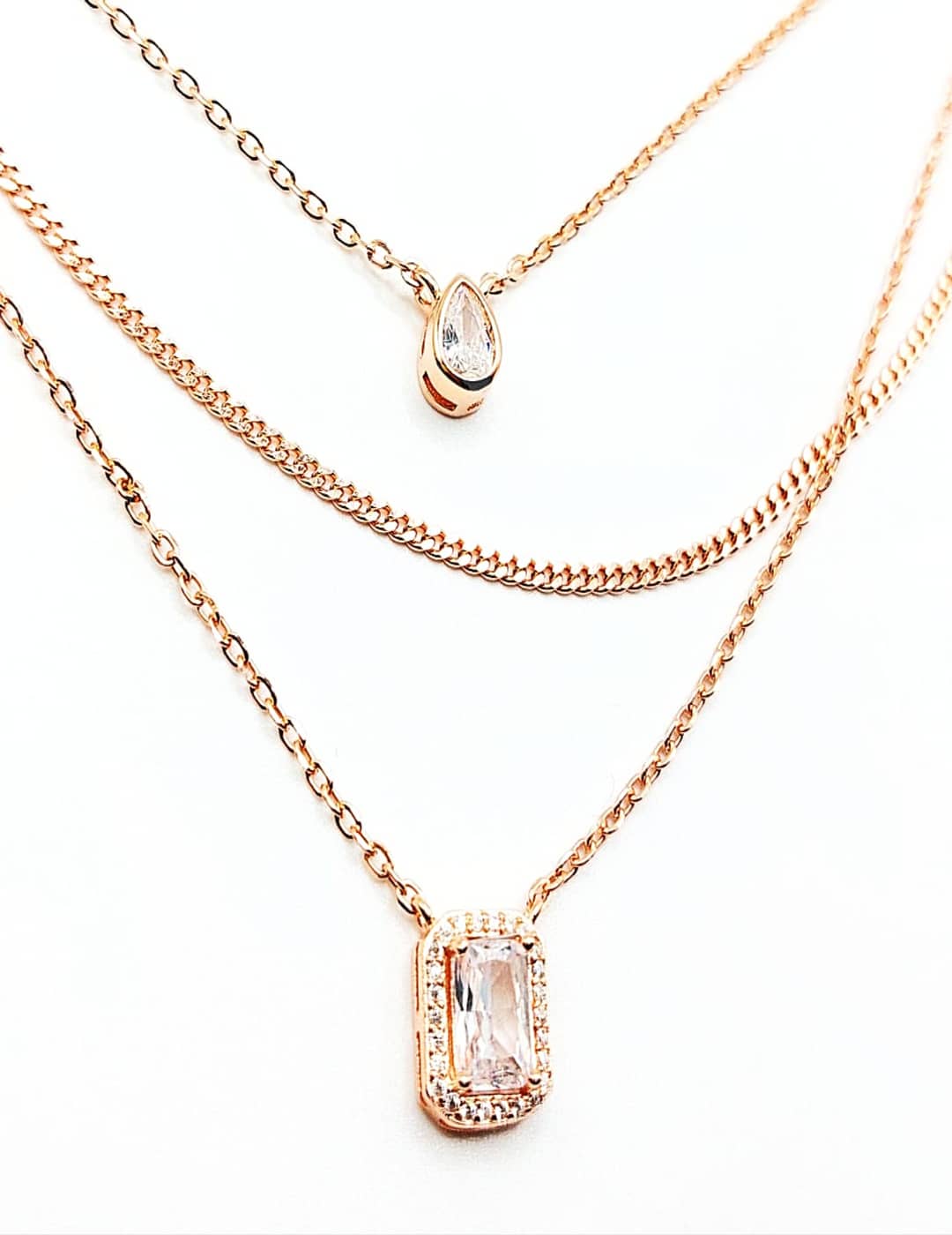 3 - Layer Dainty - Drops Links And Sparkling Stones - Rose Gold Edition S925 Silver Necklace