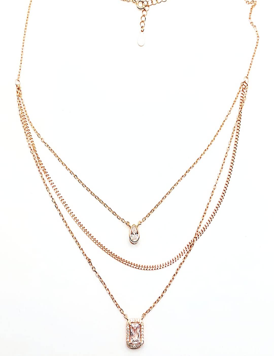 3 - Layer Dainty - Drops Links And Sparkling Stones - Rose Gold Edition S925 Silver Necklace