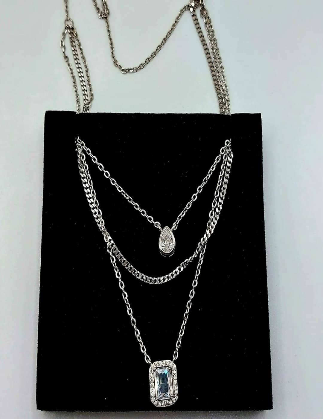 3 - Layer Dainty - Drops Links And Sparkling Stones S925 Silver Necklace