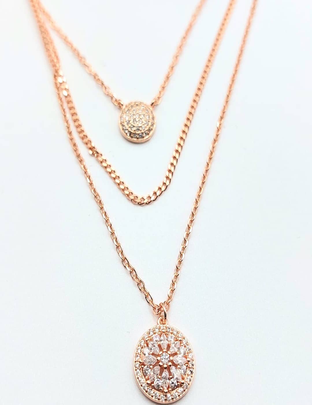 3 - Layer Dainty - Floral Circles And Links - Rose Gold Edition S925 Silver Necklace