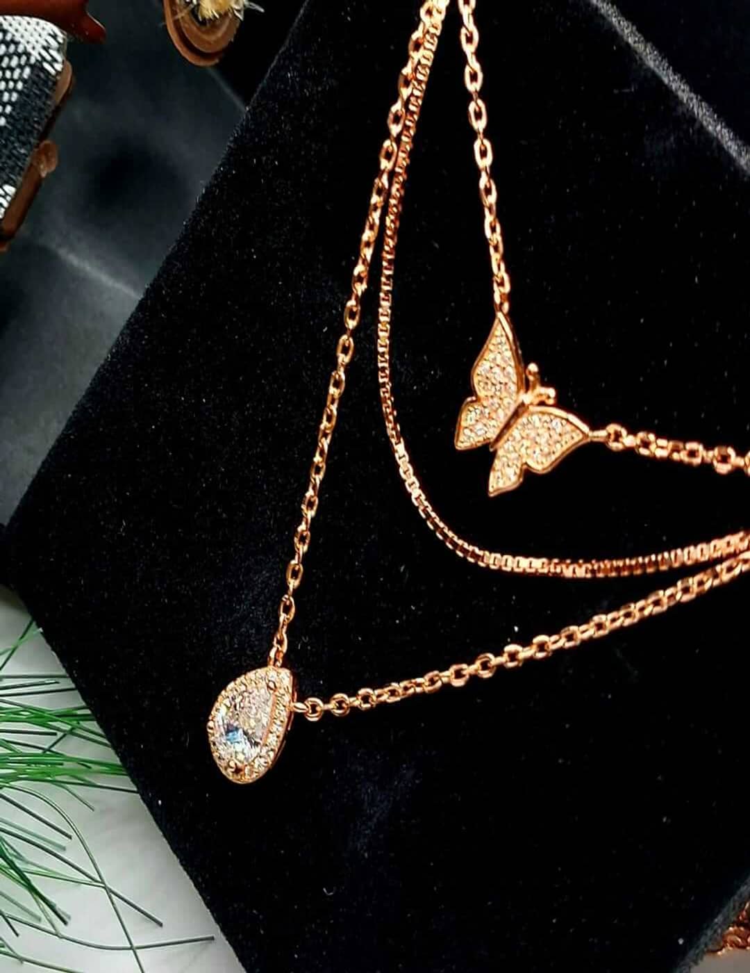 3 - Layer Dainty Rose Gold Edition - Drop And Butterfly S925 Silver Necklace