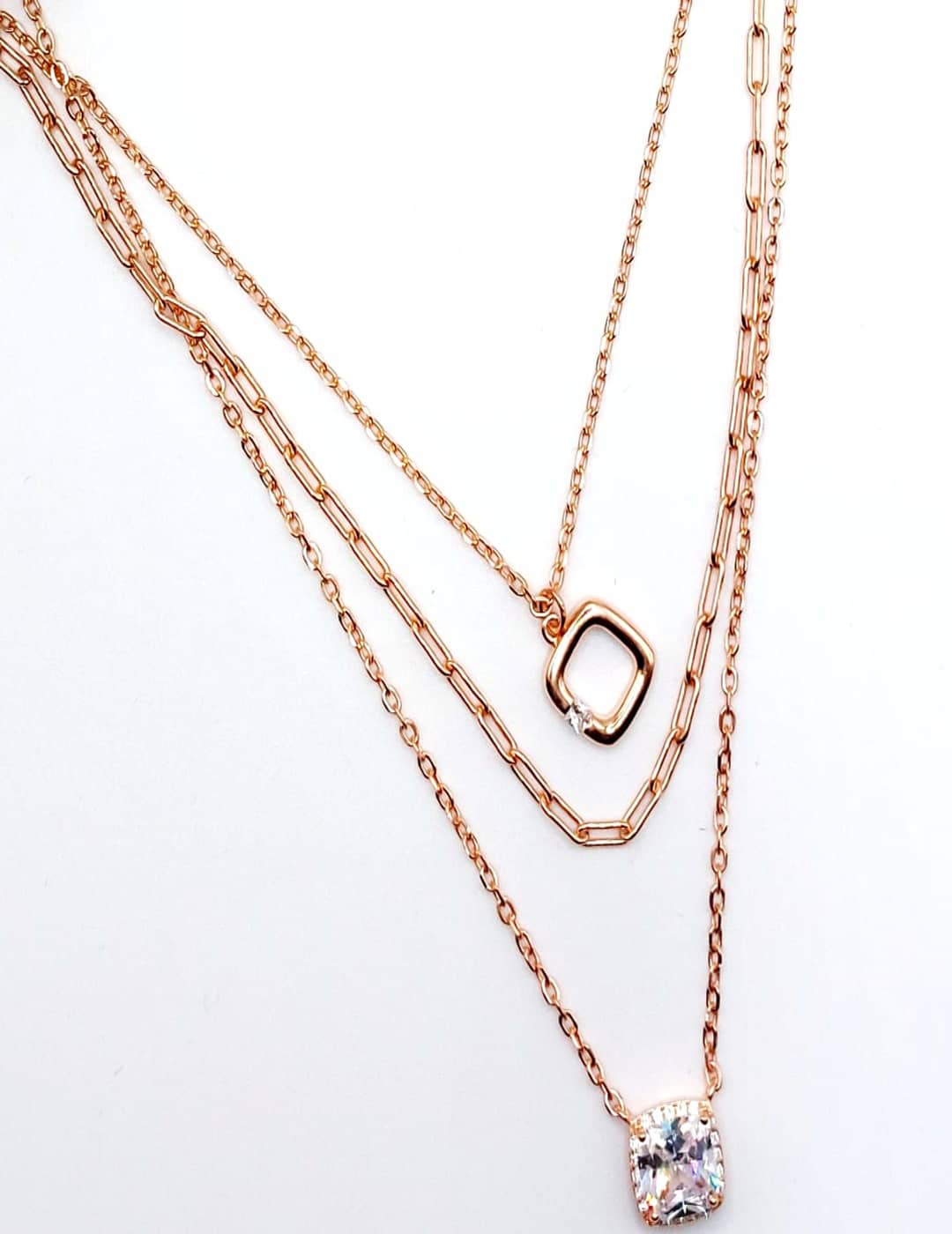 3 - Layer Dainty - Squares And Links Rose Gold Edition S925 Silver Necklace