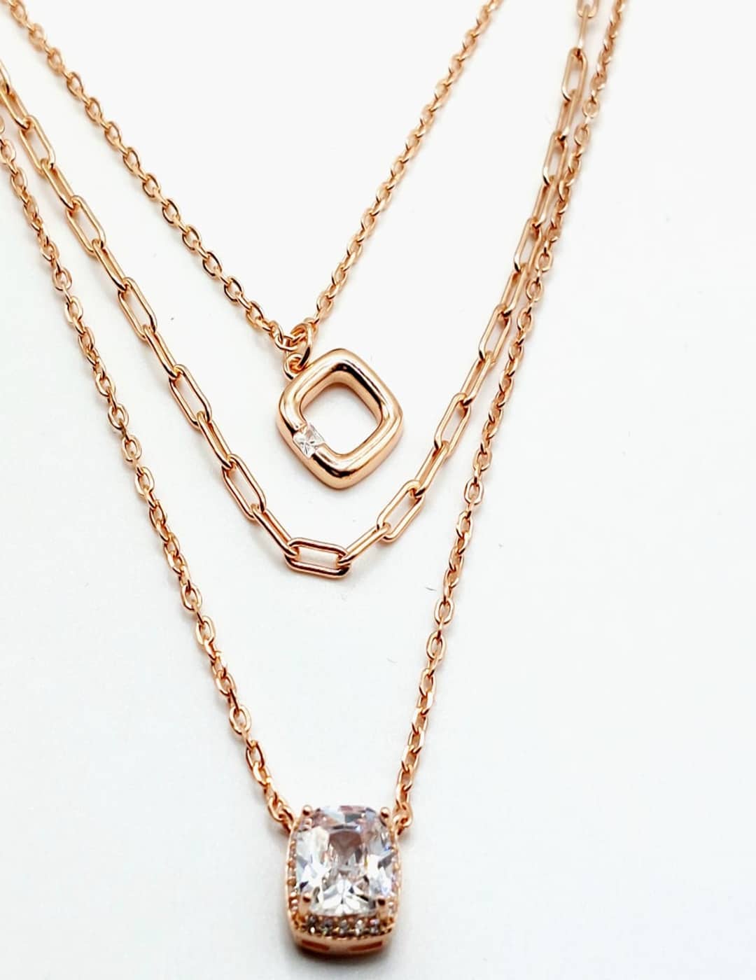 3 - Layer Dainty - Squares And Links Rose Gold Edition S925 Silver Necklace