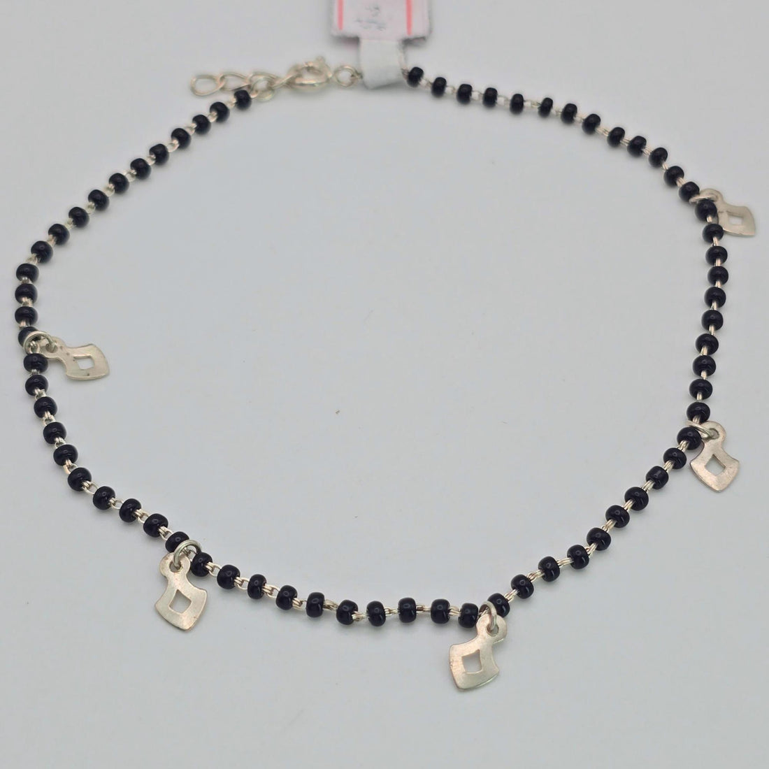 925 silver black beaded anklet with charms, sterling silver dangling station ankle bracelet, black bead foot jewelry for women, handcrafted dainty anklet Canada USA