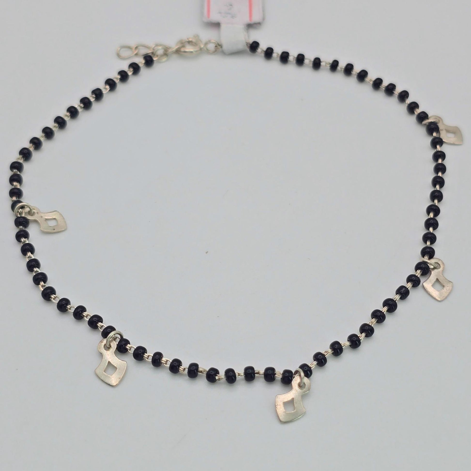 925 silver black beaded anklet with charms, sterling silver dangling station ankle bracelet, black bead foot jewelry for women, handcrafted dainty anklet Canada USA