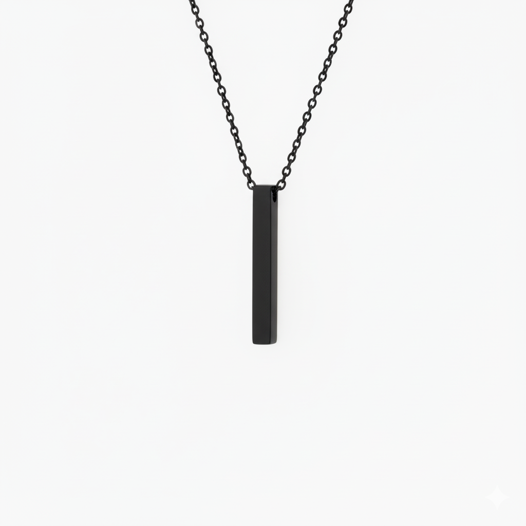Custom name engraved vertical 3D bar necklace in matte black stainless steel waterproof and hypoallergenic premium personalized gift for teens and men in USA Canada