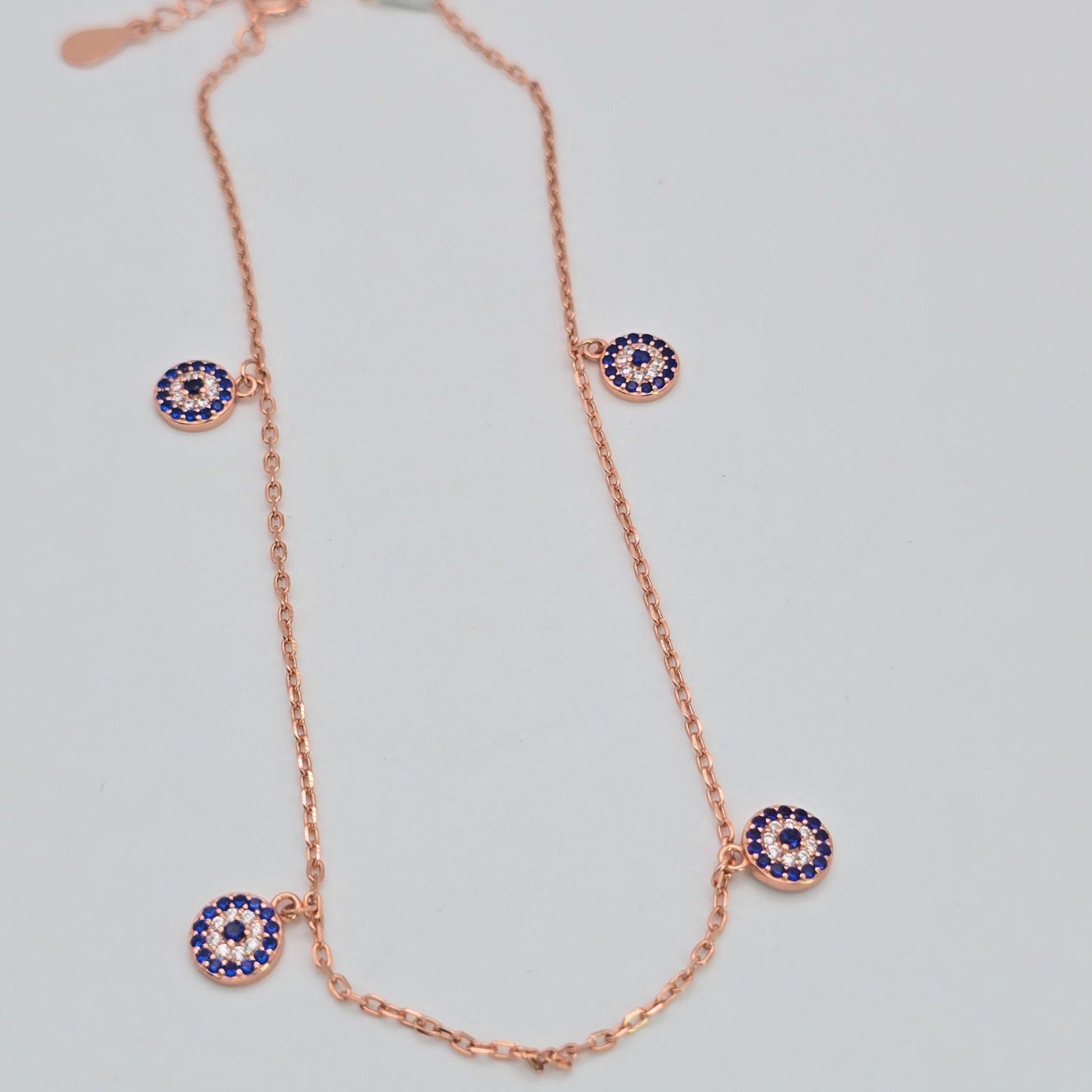 925 silver rose gold evil eye charm anklet, sterling silver blue nazar dangling ankle bracelet for women, protection jewelry, hypoallergenic rose gold plated foot jewelry Canada USA