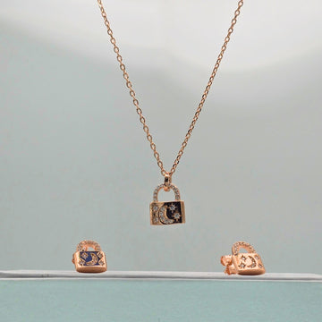 925 silver rose gold jewelry set featuring a delicate padlock pendant necklace and matching small square stud earrings for women.