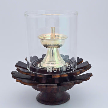 Silver Pure Akhand Diya - Borosilicate Glass Chimney & Wooden Lotus Base Kerala lamp -100000