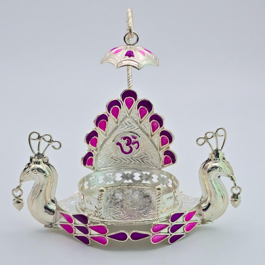 Real Silver Peacock Meenakari Singhasan - Luxury Om Throne Return Gift - mandahasam-404000