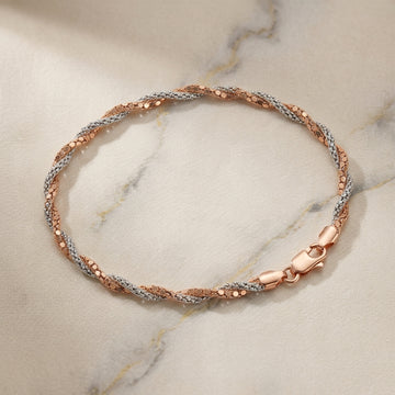 925 Silver Rose Gold & Silver Textured Rope Anklet - Two-Tone Twisted Chain 1pc 333-39000