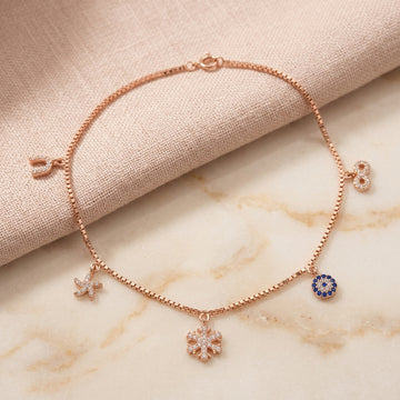 925 Silver Rose Gold Multi-Charm Anklet - Infinity Snowflake & Flower Design 1pc 315-34000